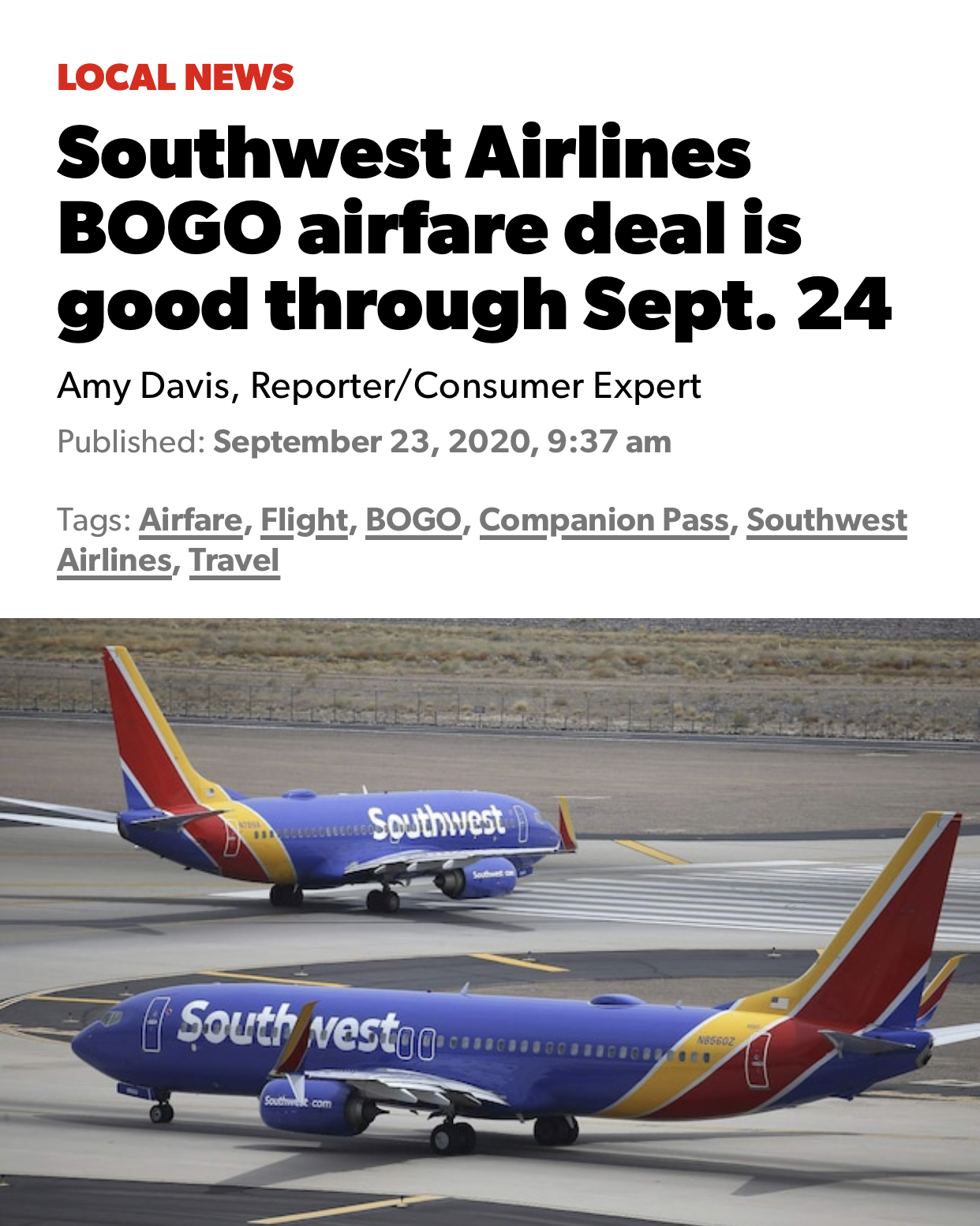 9月24日まで有効: Southwest航空の航空券を2チケット買うと1ケット無料